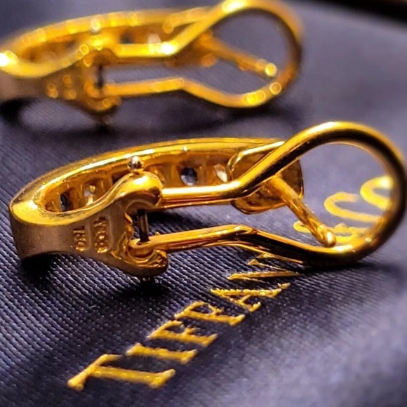 Authentic Tiffany & Co 18K Yellow Gold Diamond & Sapphire Huggie Earrings - Picture 8 of 10